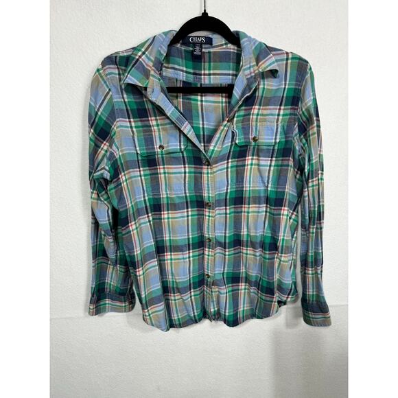 Chaps Green Blue Plaid Long Sleeve Button Down Shirt Women’s‎ Size Large - Picture 1 of 6